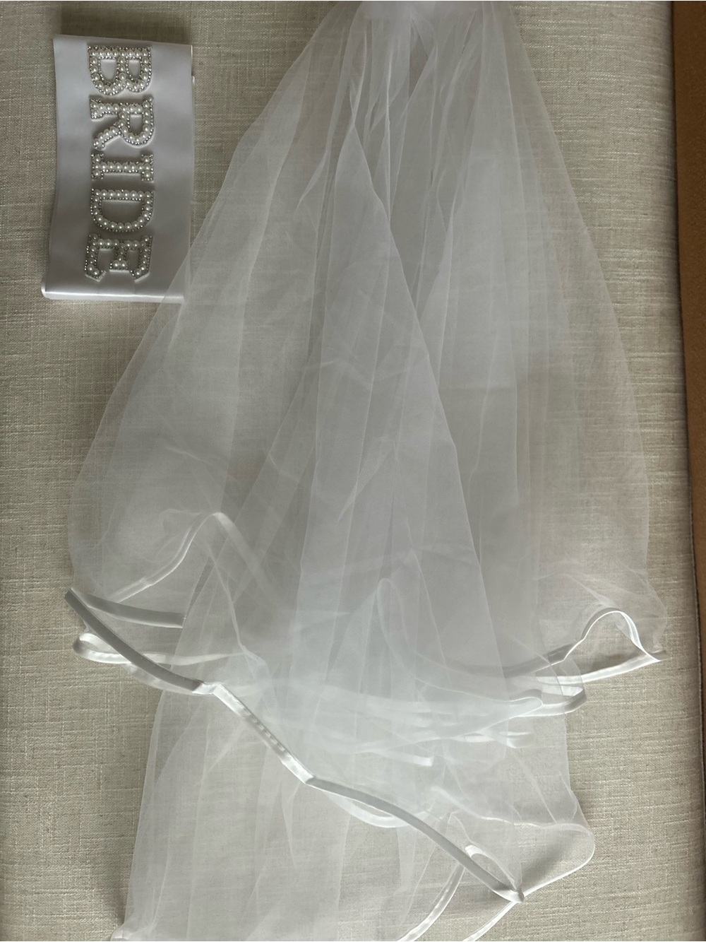 White Bridal Veil with Satin Edge and bride sash